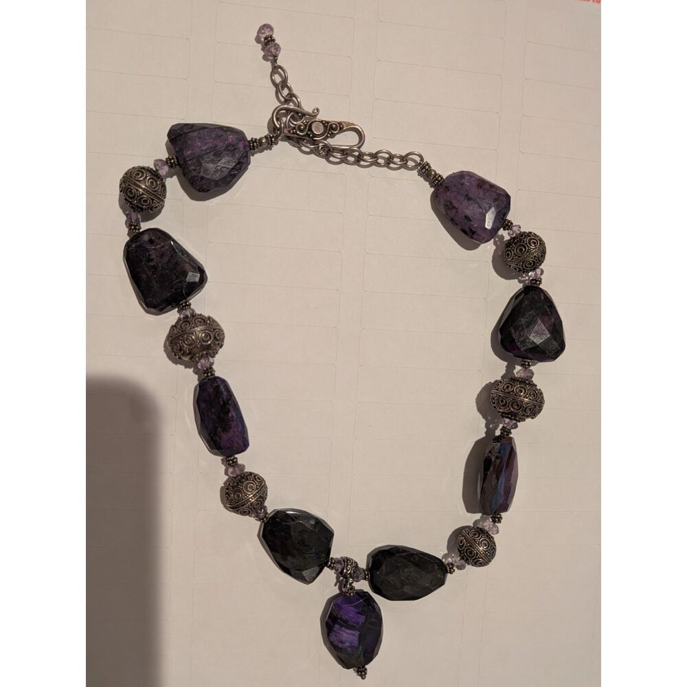 Purple Faceted Stone Statement Necklace with Ornate Silver Tone Beads